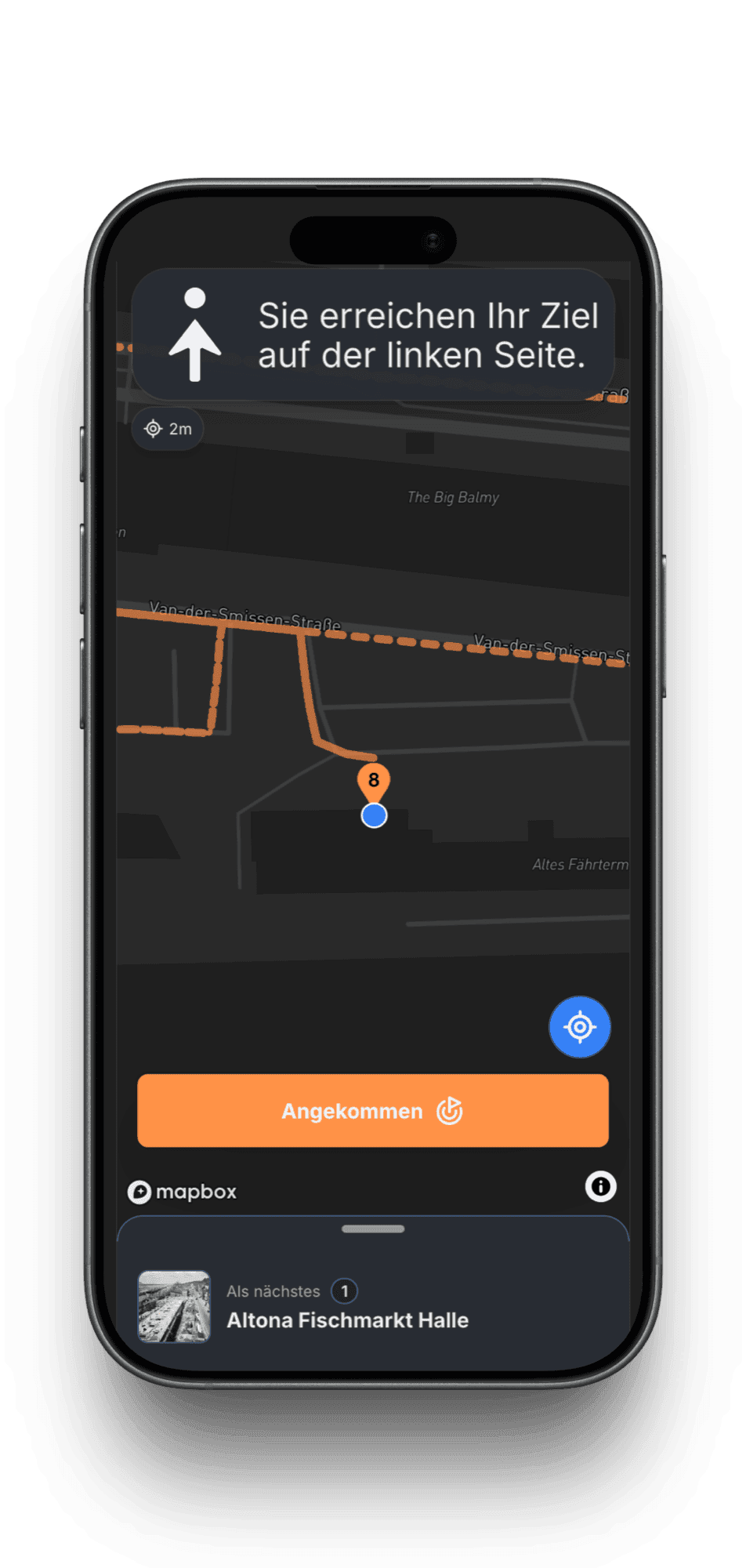Scoutello Tour auf dem Telefon mit Karte und Orts-Details für Besucher:innen